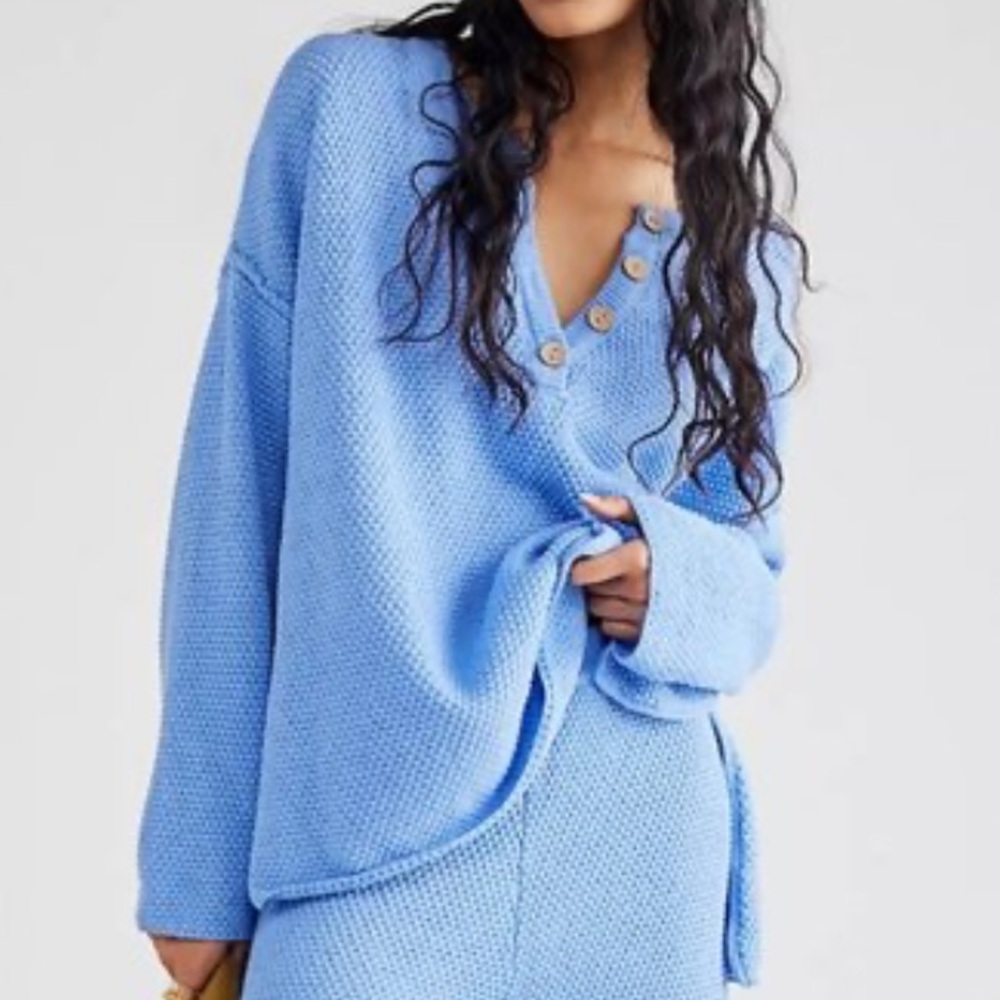 Free People Beach Hailee Waffle Knit Sweater Top Oversized Blue Slouchy Size XL